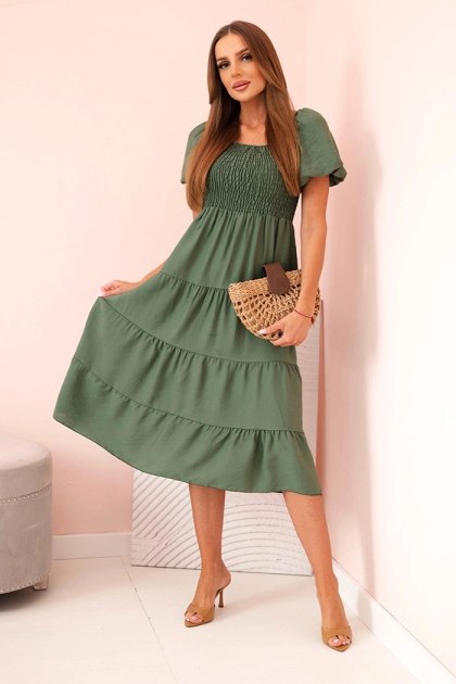 Sukienka damska wiskozowa z bufiastym rękawem i marszczoną górą khaki