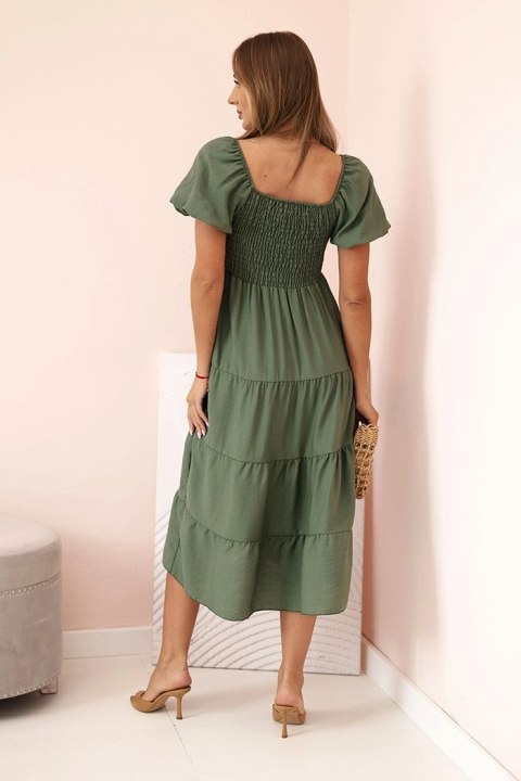 Sukienka damska wiskozowa z bufiastym rękawem i marszczoną górą khaki