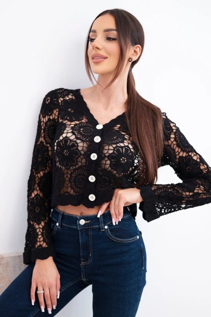 Sweter damski ażurowy letni z guzikami i długim rękawem czarny