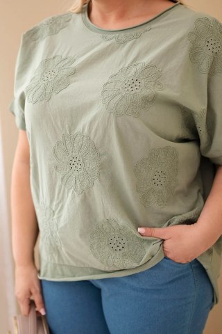Bluzka damska bawełniana Plus Size z haftowanymi kwiatami khaki