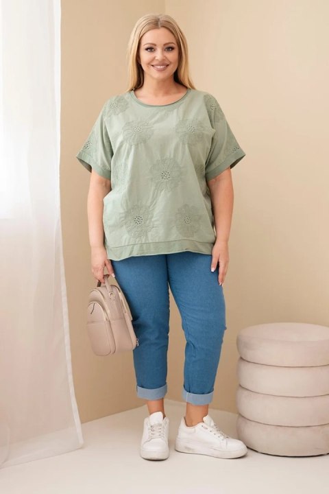 Bluzka damska bawełniana Plus Size z haftowanymi kwiatami khaki