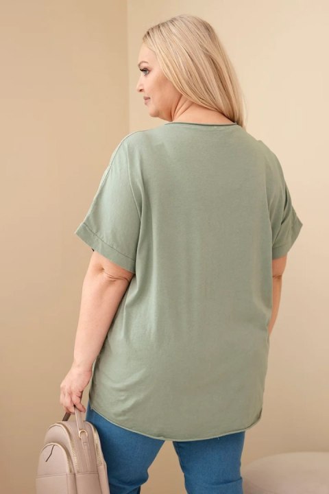 Bluzka damska bawełniana Plus Size z haftowanymi kwiatami khaki