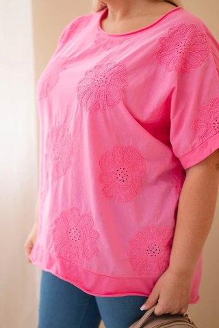Bluzka damska bawełniana Plus Size z haftowanymi kwiatami różowa