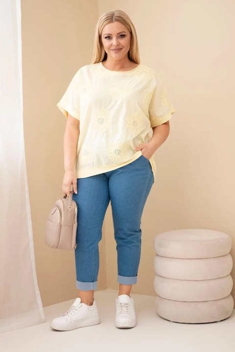 Bluzka damska bawełniana Plus Size z haftowanymi kwiatami żółta