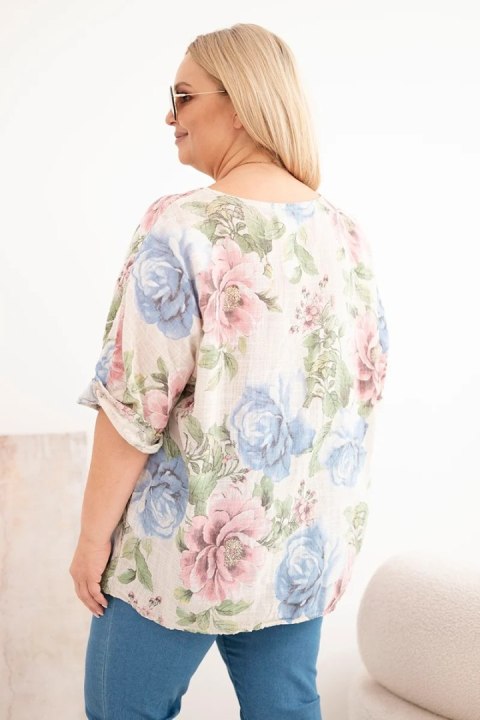 Bluzka damska bawełniana Plus Size z krótkim rękawem i kwiatowym wzorem beżowa