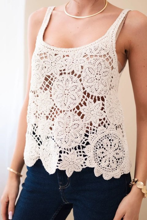 Bluzka damska bawełniana ażurowa z szerokimi ramiączkami beżowa