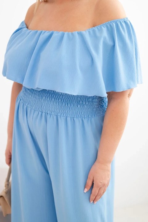 Kombinezon damski wiskozowy Plus Size hiszpanka z falbaną i szeroką nogawką niebieski