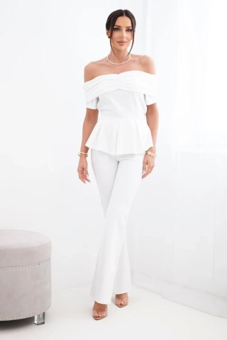 Komplet damska hiszpanka z falbaną i szerokimi spodniami biały