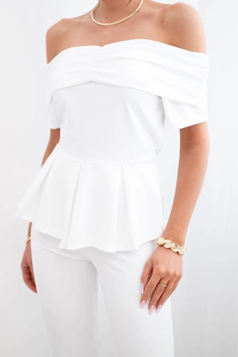 Komplet damska hiszpanka z falbaną i szerokimi spodniami biały