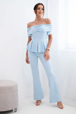 Komplet damska hiszpanka z falbaną i szerokimi spodniami niebieski