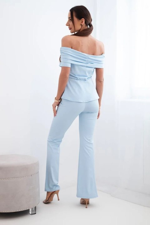 Komplet damska hiszpanka z falbaną i szerokimi spodniami niebieski