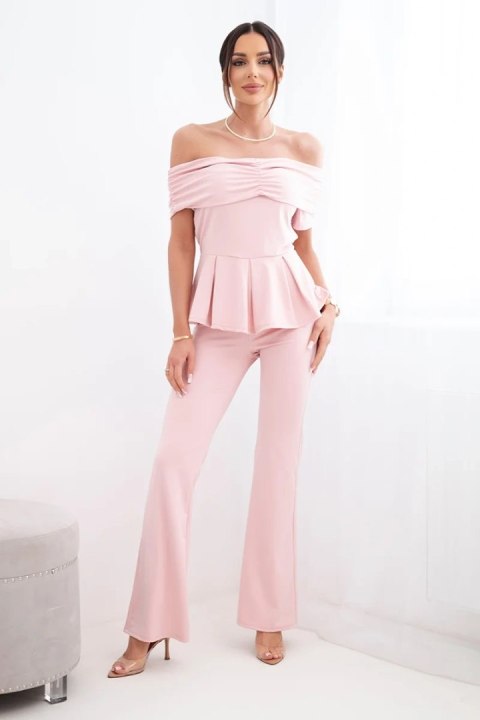 Komplet damska hiszpanka z falbaną i szerokimi spodniami pudrowy róż