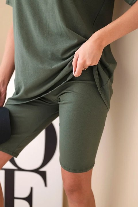 Komplet damski bawełniany z krótkim rękawem i dopasowanymi spodenkami khaki