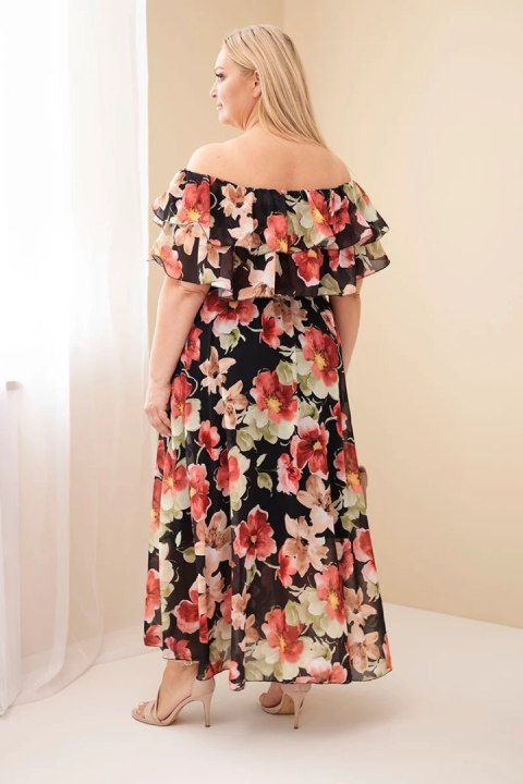 Sukienka damska wiskozowa Plus Size z falbaną hiszpanka i elastyczną talią maxi czarna