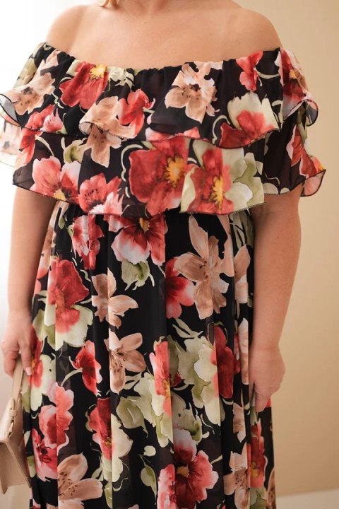 Sukienka damska wiskozowa Plus Size z falbaną hiszpanka i elastyczną talią maxi czarna