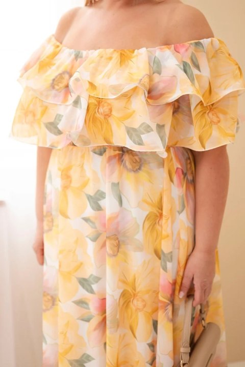 Sukienka damska wiskozowa Plus Size z falbaną hiszpanka i elastyczną talią maxi żółta