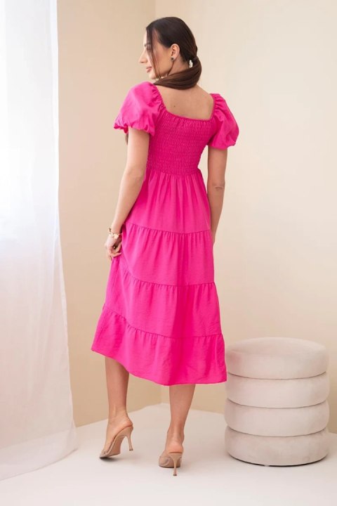 Sukienka damska wiskozowa z bufiastym rękawem i marszczoną górą fuksja