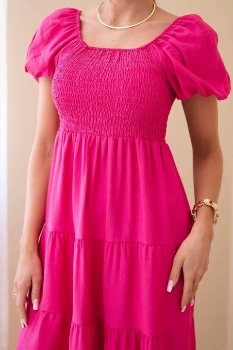 Sukienka damska wiskozowa z bufiastym rękawem i marszczoną górą fuksja