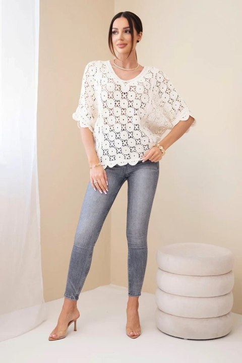 Sweter damski oversize bawełniany ażurowy z krótkim rękawem beżowy