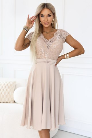 381-7 LINDA szyfonowa zwiewna sukienka z koronkowym dekoltem - beżowa
