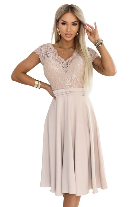 381-7 LINDA szyfonowa zwiewna sukienka z koronkowym dekoltem - beżowa