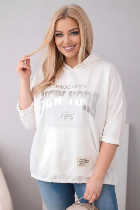 Wiskozowa bluza damska Plus Size z kapturem i kieszenią kangurka ecru
