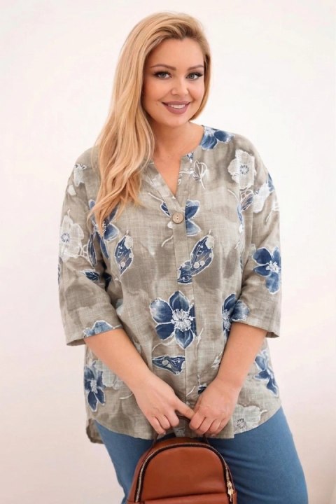 Beżowa bluzka bawełniana Plus Size w kwiatowy wzór