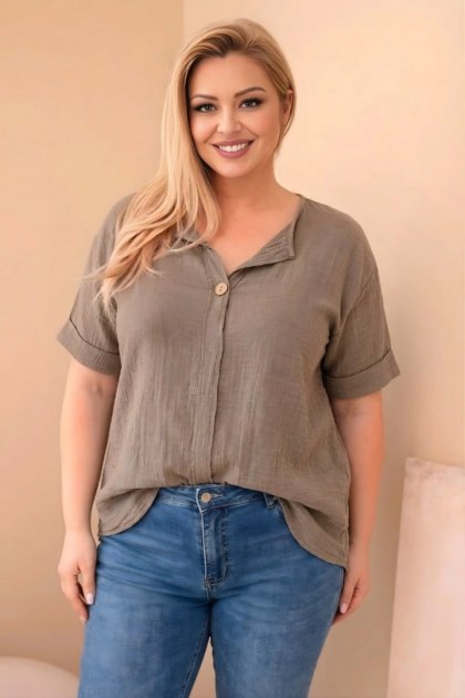 Bluzka damska bawełniana Plus Size z dekoltem na guziki fango