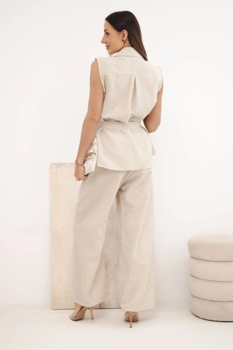 Komplet damski z wiązaną bluzką i szerokimi spodniami beżowy