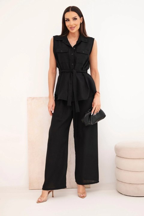 Komplet damski z wiązaną bluzką i szerokimi spodniami czarny