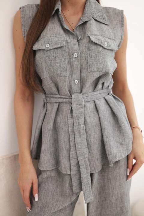 Komplet damski z wiązaną bluzką i szerokimi spodniami grafitowy