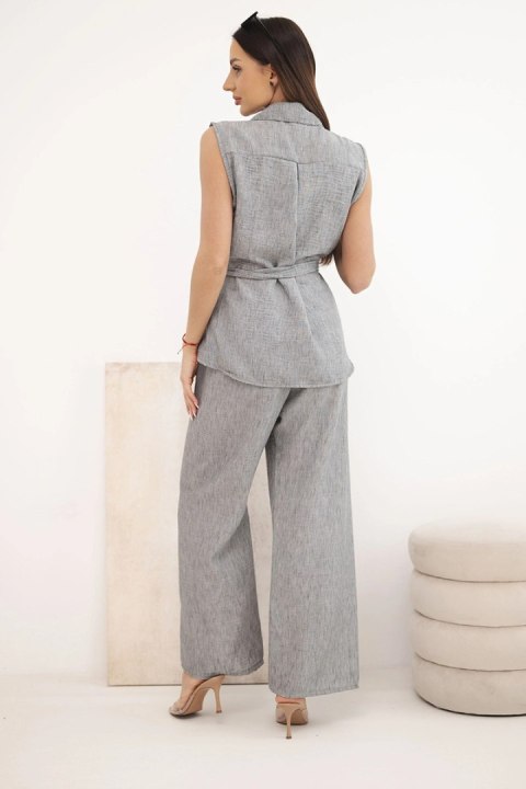 Komplet damski z wiązaną bluzką i szerokimi spodniami grafitowy