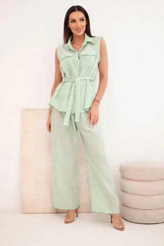Komplet damski z wiązaną bluzką i szerokimi spodniami miętowy