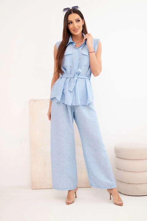 Komplet damski z wiązaną bluzką i szerokimi spodniami niebieski