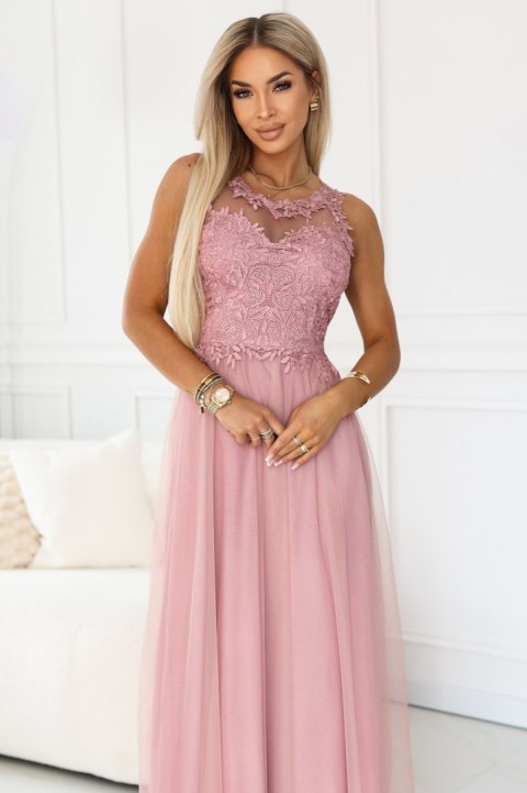 672-2 Romantyczna suknia maxi na wesele z haftowaną koronką i tiulem - pudrowy róż