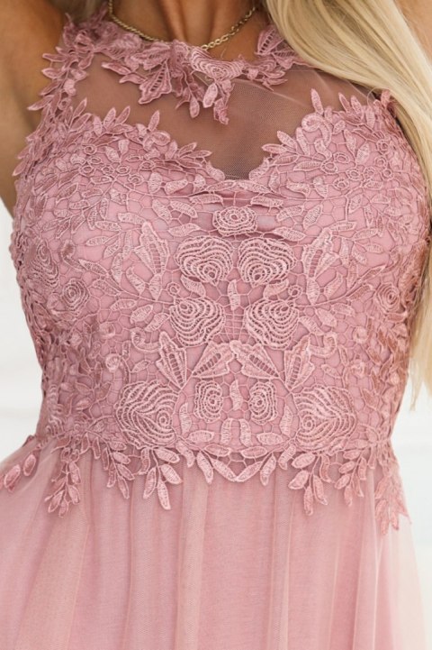 672-2 Romantyczna suknia maxi na wesele z haftowaną koronką i tiulem - pudrowy róż