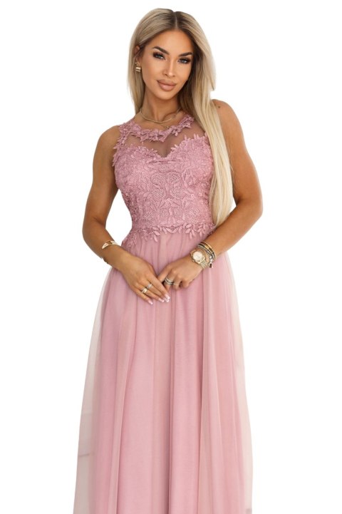 672-2 Romantyczna suknia maxi na wesele z haftowaną koronką i tiulem - pudrowy róż