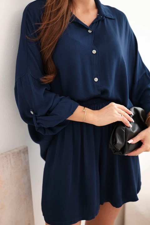 Komplet damski wiskozowy koszula z guzikami i luźne spodenki granatowy