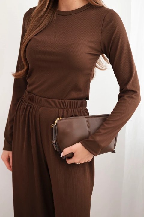 Komplet damski wiskozowy z bluzką i szerokimi spodniami brązowy