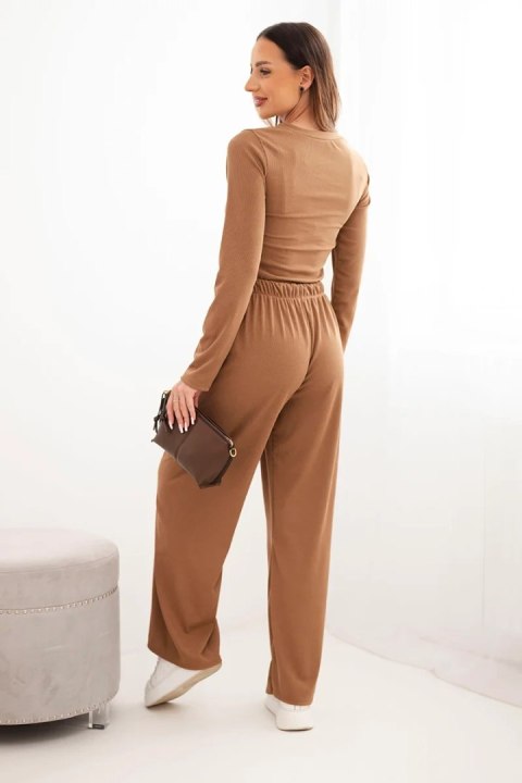 Camelowy komplet wiskozowy szerokie spodnie i bluzka