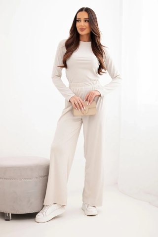 Komplet damski wiskozowy z bluzką i szerokimi spodniami jasny beżowy
