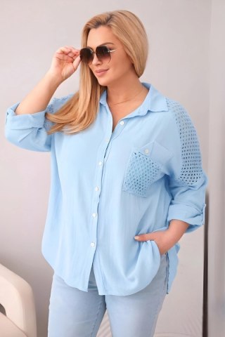 Koszula damska bawełniana Plus Size z kołnierzykiem i koronkową wstawką niebieska