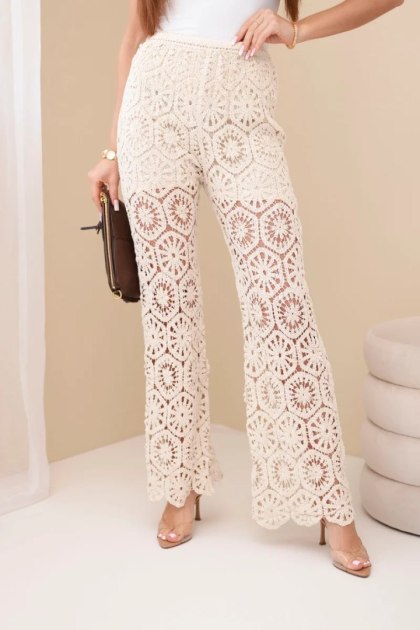 Spodnie damskie bawełniane ażurowe z szeroką nogawką elastyczny pas beżowe