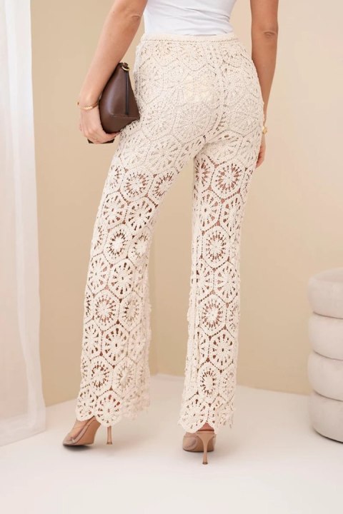 Spodnie damskie bawełniane ażurowe z szeroką nogawką elastyczny pas beżowe