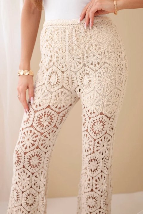 Spodnie damskie bawełniane ażurowe z szeroką nogawką elastyczny pas beżowe