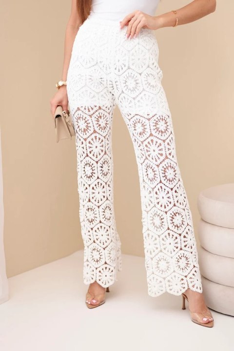 Spodnie damskie bawełniane ażurowe z szeroką nogawką elastyczny pas białe