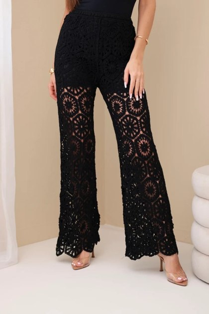 Spodnie damskie bawełniane ażurowe z szeroką nogawką elastyczny pas czarne