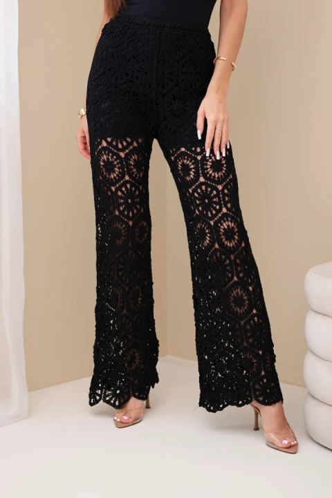 Spodnie damskie bawełniane ażurowe z szeroką nogawką elastyczny pas czarne