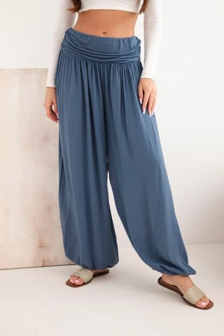 Spodnie damskie wiskozowe z szeroką nogawką i marszczeniami jeansowe