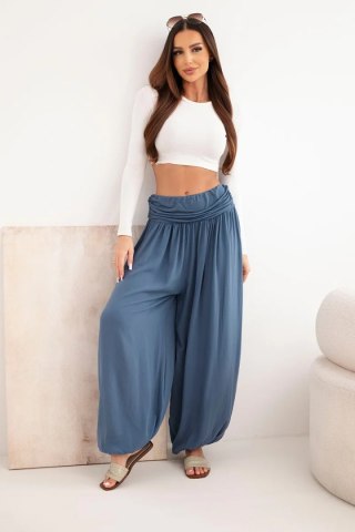 Spodnie damskie wiskozowe z szeroką nogawką i marszczeniami jeansowe